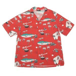 Vintage Hawaiian Shirt Hollywood Palm Trees Tiki Red Aloha Boundary size L - 724